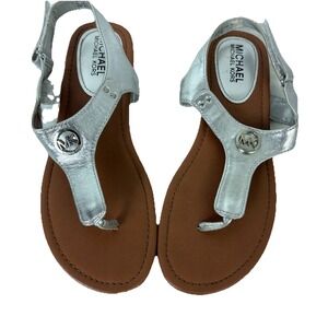 MICHAEL KORS Women's Girls MK Logo T-Strap Silver Sandals Size 5 Bling Clean EUC